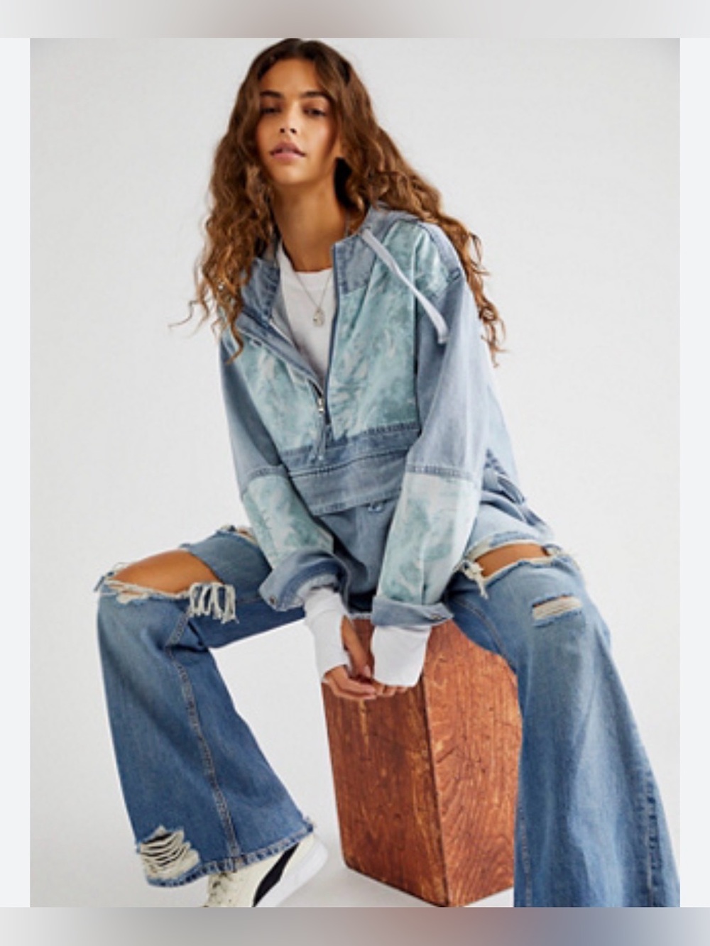 NWT Free People Surf Pullover in a light blue pieced denim fabrication - small